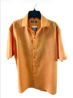 NWT Island Importer Tangerine Orange 100% Linen Short Sleeve Shirt Size XL